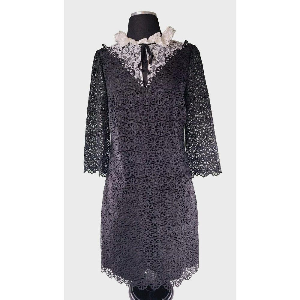 SHANI Ruffle Lace Collared Dress Women's 8 Black White Floral Applique Nun Core